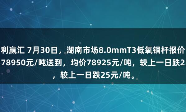利赢汇 7月30日，湖南市场8.0mmT3低氧铜杆报价78900-78950元/吨送到，均价78925元/吨，较上一日跌25元/吨。